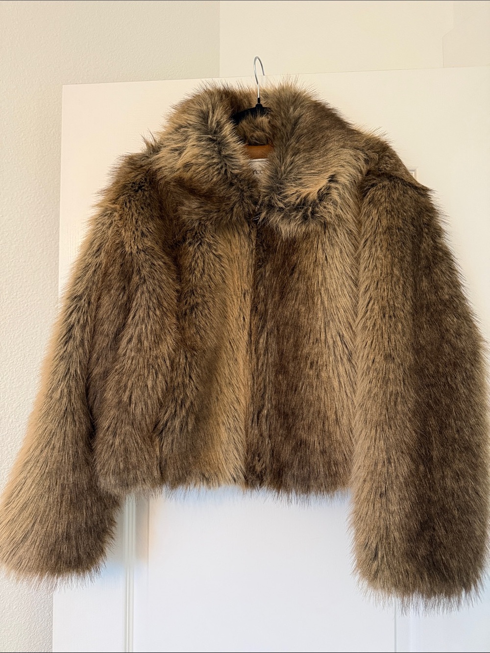 Maeve Plush Faux Fur Cropped Jacket in Brown